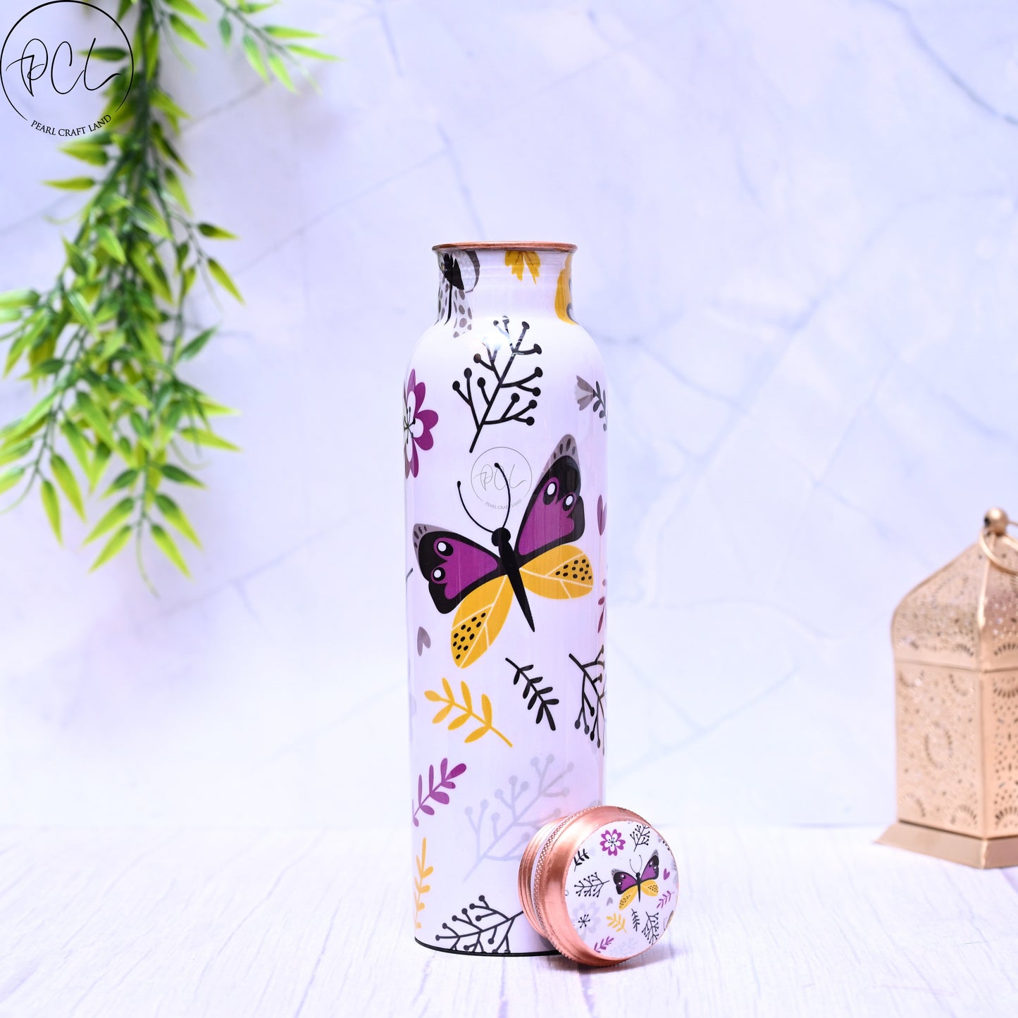 Pure Copper Butterfly Printed Water Bottle - 1000ml