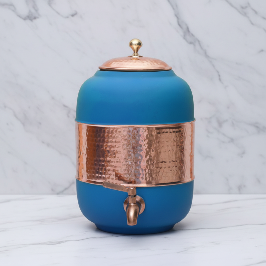 Pure Copper Water Dispenser – Silk Finish & Half Hammered | 5L & 8L | Red, Blue, Green, Yellow, Black, Gray
