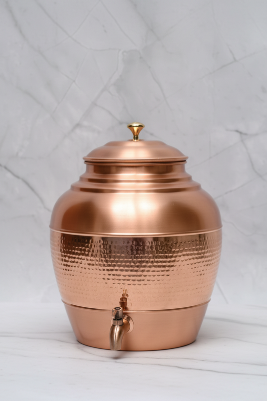 Pure Copper Round Half-Hammered Matka Dispenser 10L | Ayurvedic, Handcrafted
