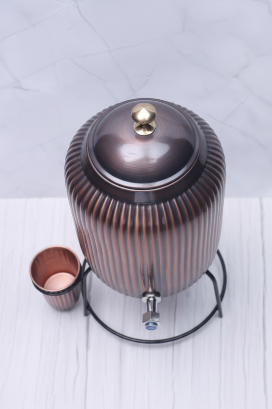 Pure Copper Water Dispenser – Antique Rope Design | With Stand & Glass | Ayurvedic, Handcrafted