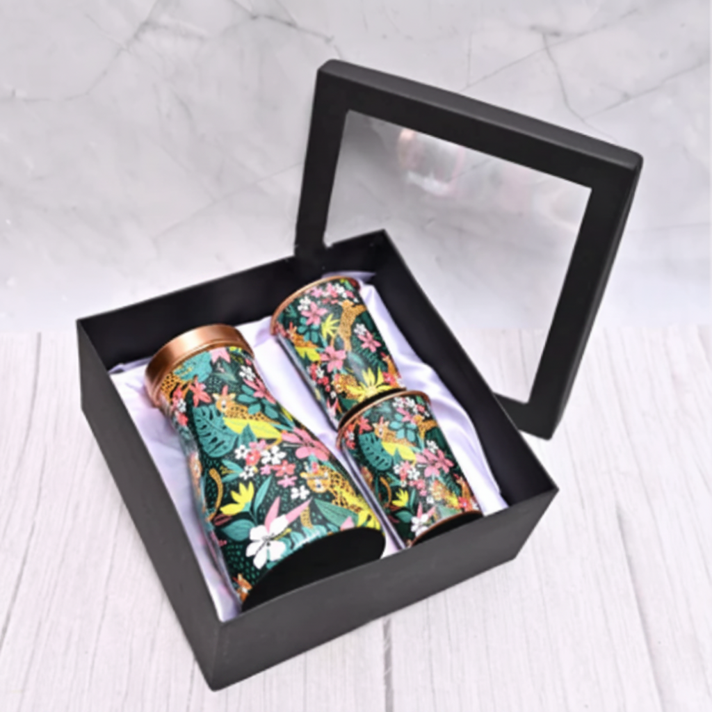 Printed Pure Copper Bedside Jar with 2 Glasses — 1000ml Gift Set