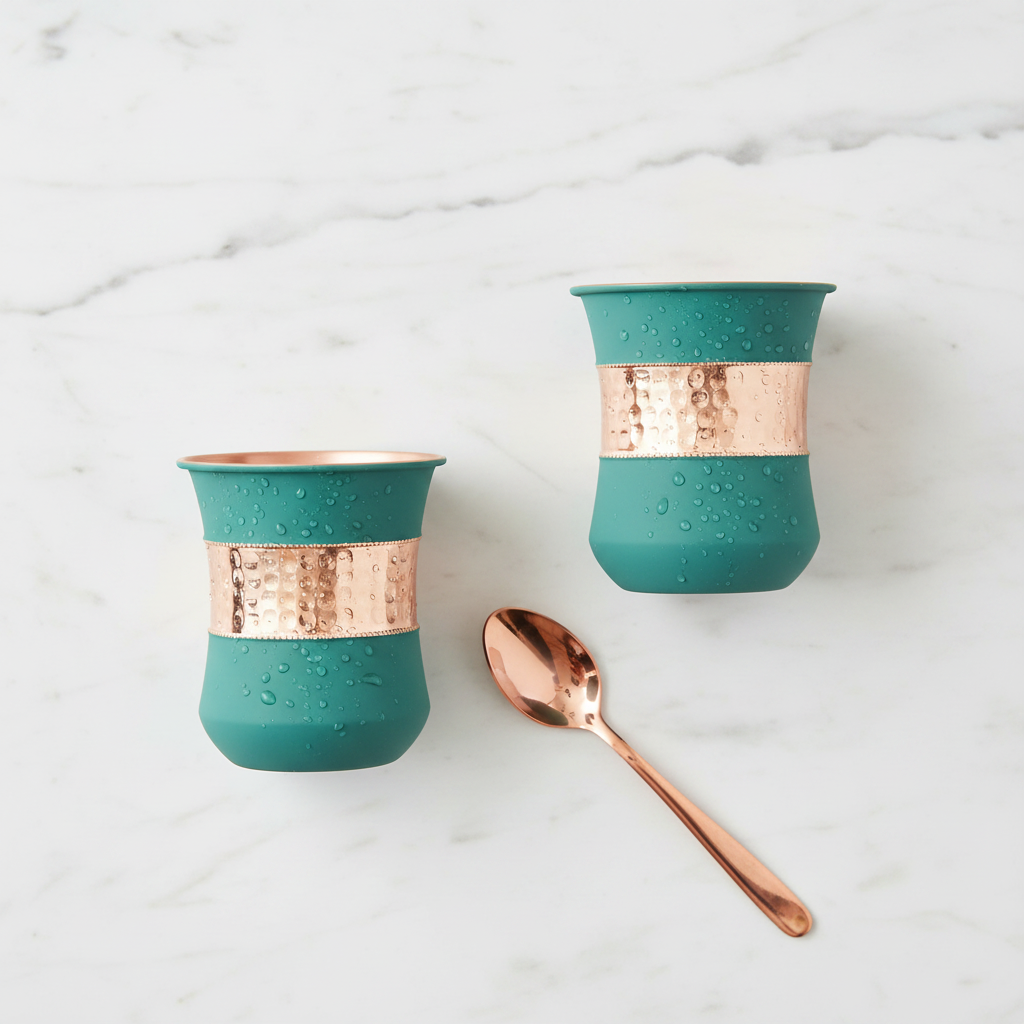 Pure Copper Water Glass Set of 2 – Silk Green Half Hammered Damru Tumbler 300ML
