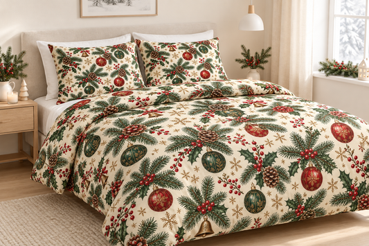Christmas Pine & Ornaments 100% Cotton Duvet Cover Set with 2 Shams