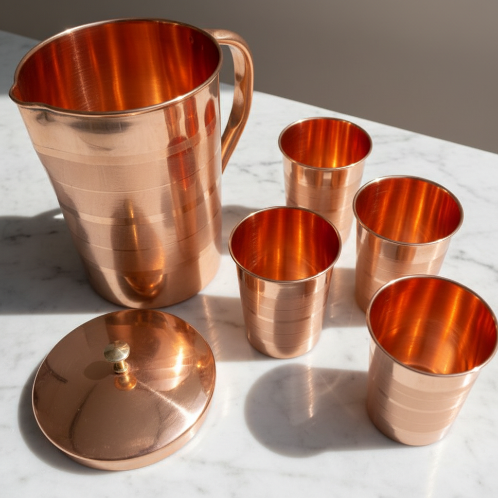 Pure Copper Jug and Glass Set (4-Piece) | Handcrafted Ayurvedic Water Set