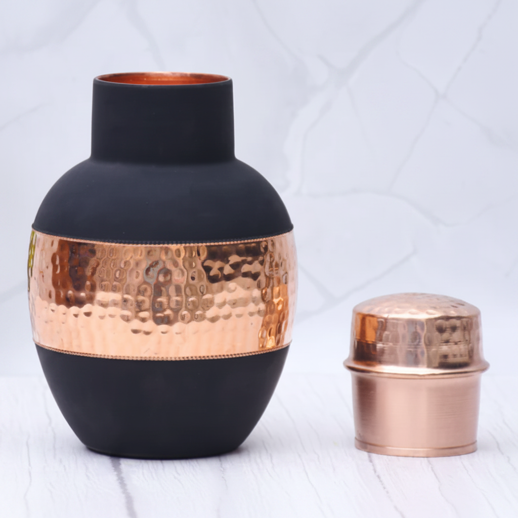 Pure Copper Silk Black Apple Pot with Inbuilt Glass | 1200ml | Ayurvedic | Designed in Norway