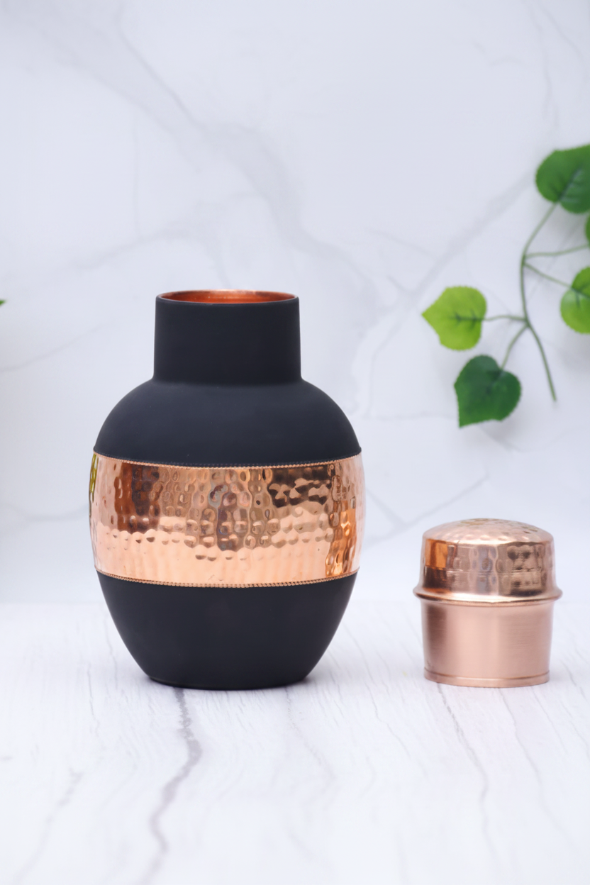 Pure Copper Silk Black Apple Pot with Inbuilt Glass | 1200ml | Ayurvedic | Designed in Norway