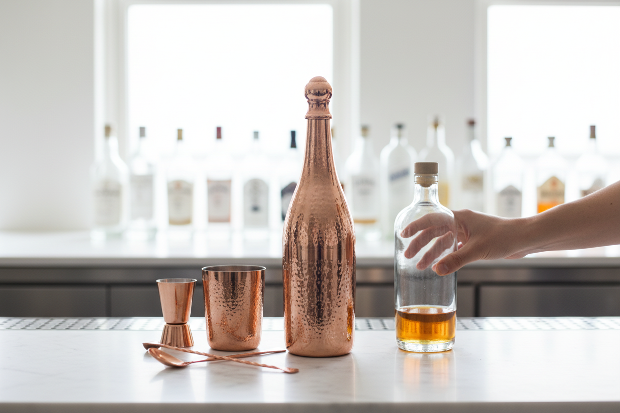 Copper-Finished Hammered Champagne Bottle Case – Pure Brass Decorative Barware | 41cm