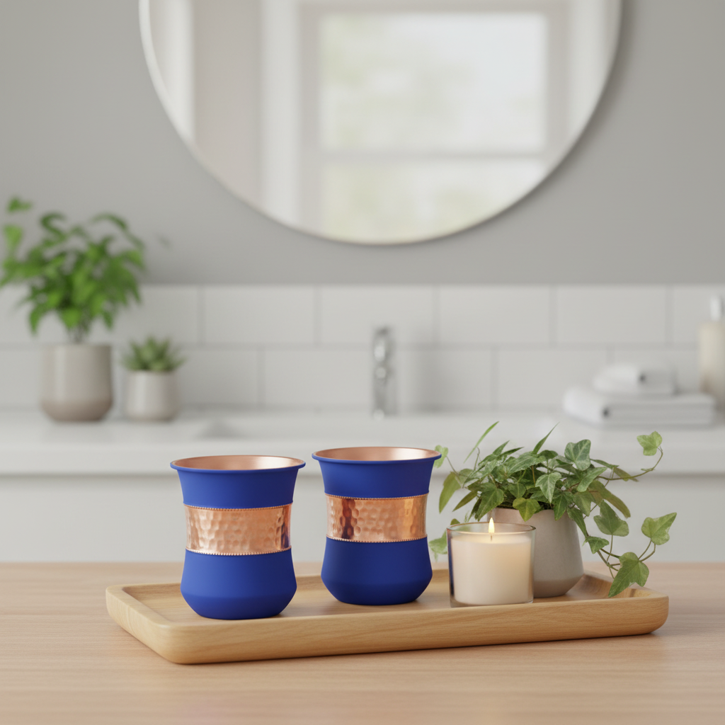 Pure Copper Water Glass Set of 2 Silk Blue Half Hammered Damru Tumbler 300ml
