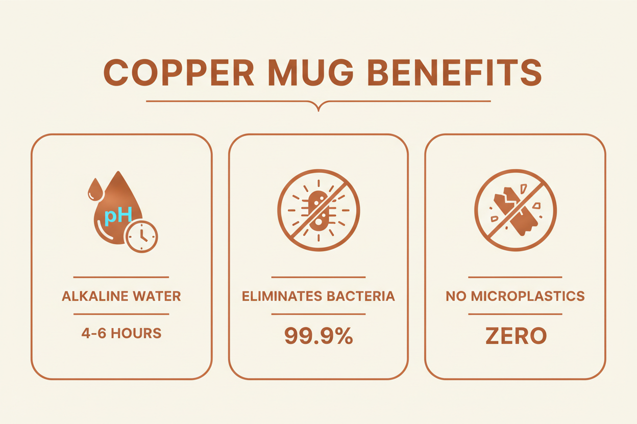 Benefits infographic showing alkaline water, bacteria kill, zero microplastics