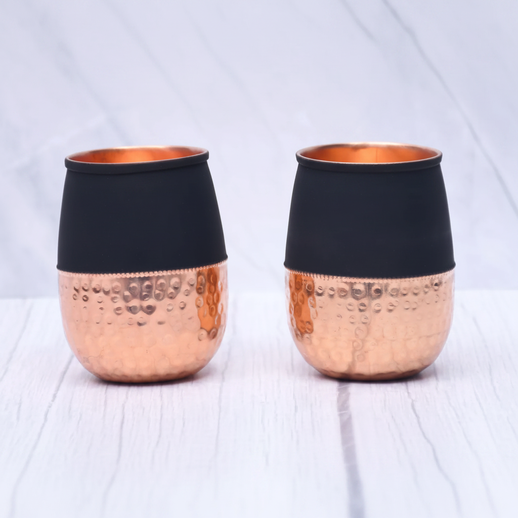 Pure Copper Silk Black Half Hammered Dholak Tumbler – Set of 2 | 250ml