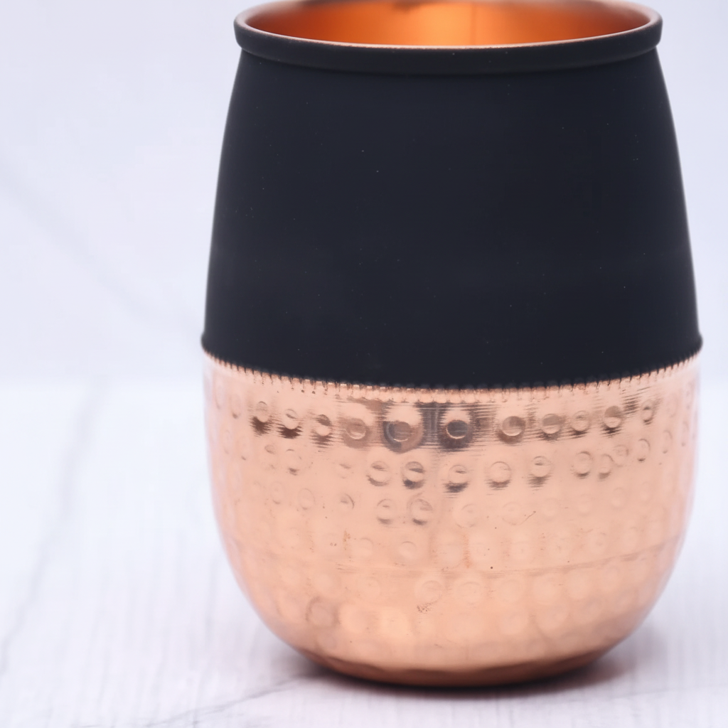 Pure Copper Silk Black Half Hammered Dholak Tumbler – Set of 2 | 250ml