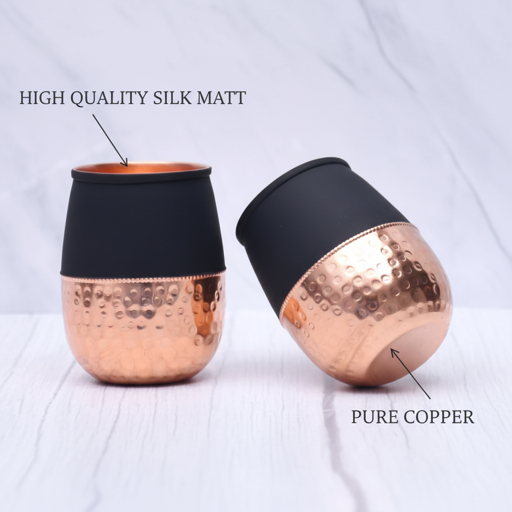 Pure Copper Silk Black Half Hammered Dholak Tumbler – Set of 2 | 250ml