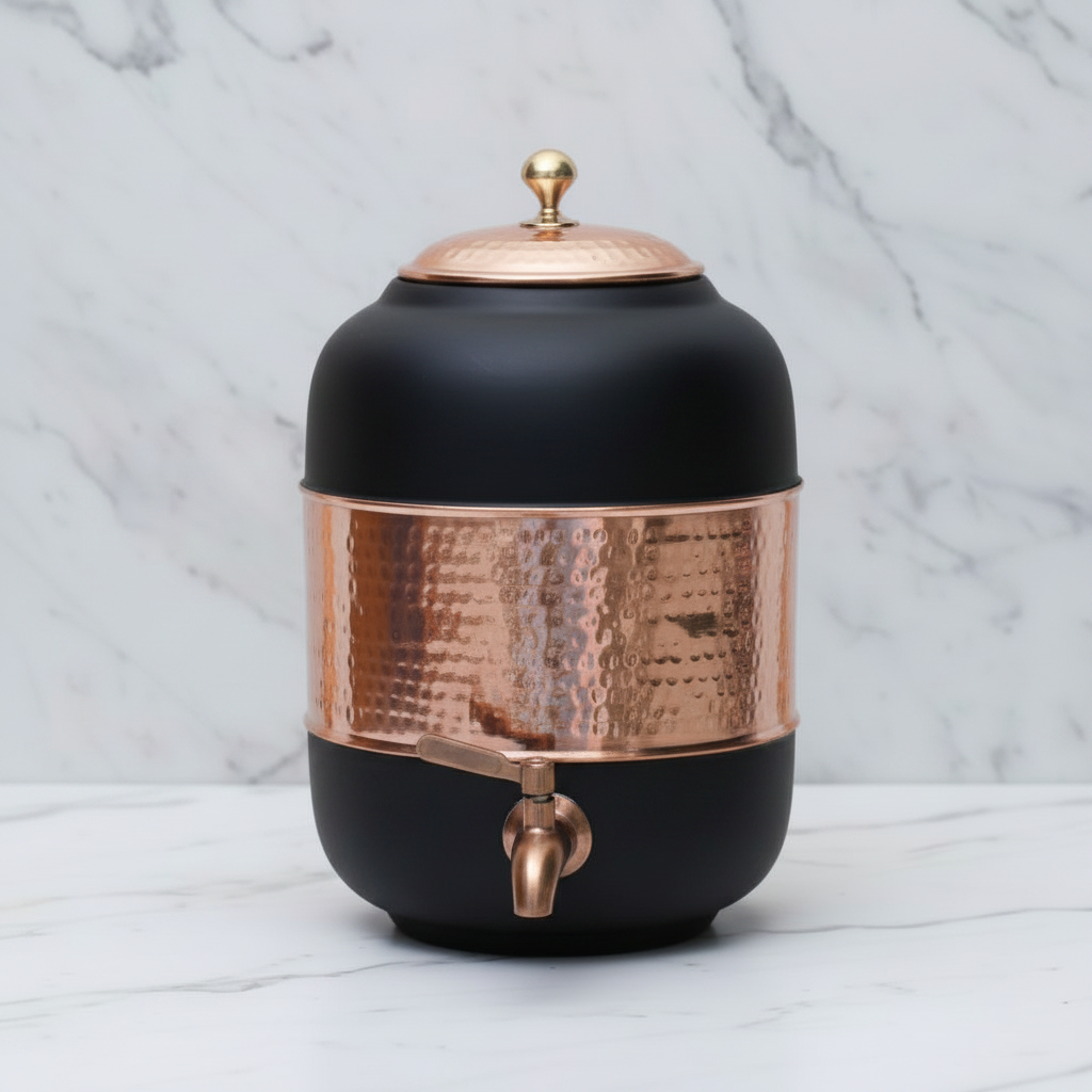 Pure Copper Water Dispenser – Silk Finish & Half Hammered | 5L & 8L | Red, Blue, Green, Yellow, Black, Gray