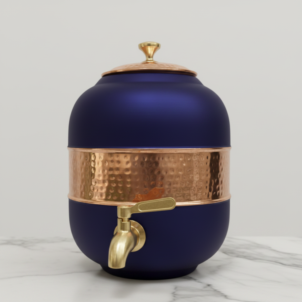 Pure Copper Water Dispenser – Silk Finish & Half Hammered | 5L & 8L | Red, Blue, Green, Yellow, Black, Gray
