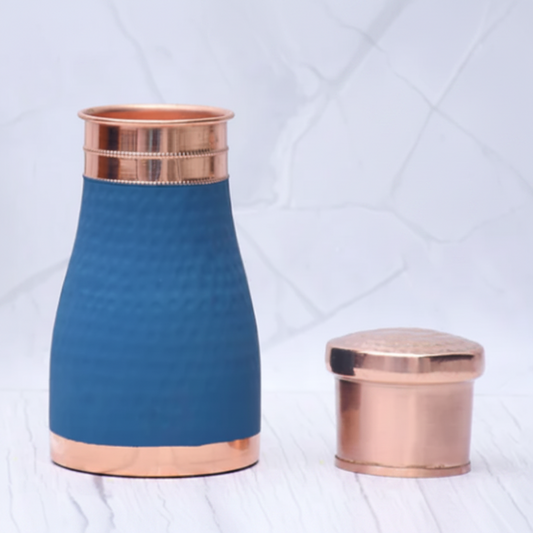 Pure Copper Silk Blue Bedside Jar with Inbuilt Glass | 1000ml | Ayurvedic | Designed in Norway