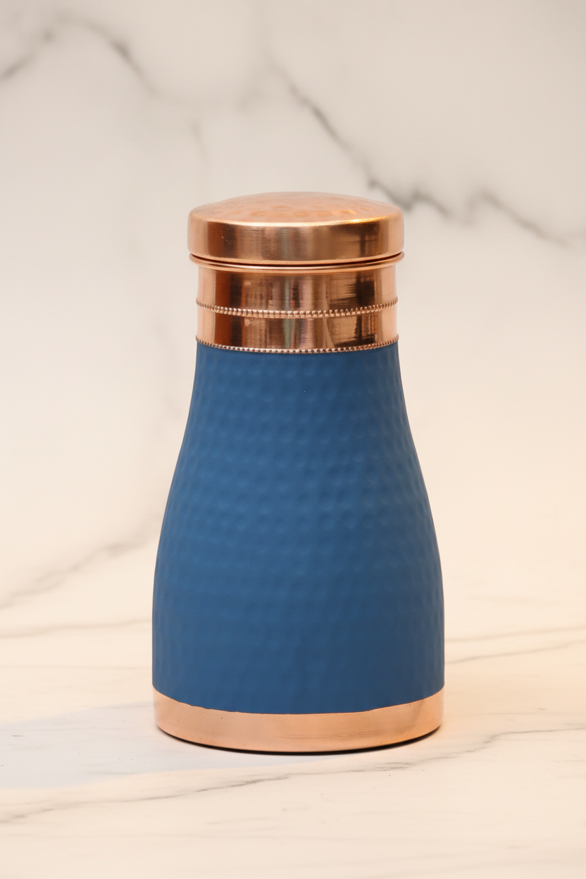 Pure Copper Silk Blue Bedside Jar with Inbuilt Glass | 1000ml | Ayurvedic | Designed in Norway