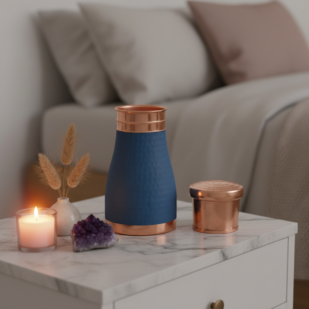 Pure Copper Silk Blue Bedside Jar with Inbuilt Glass | 1000ml | Ayurvedic | Designed in Norway