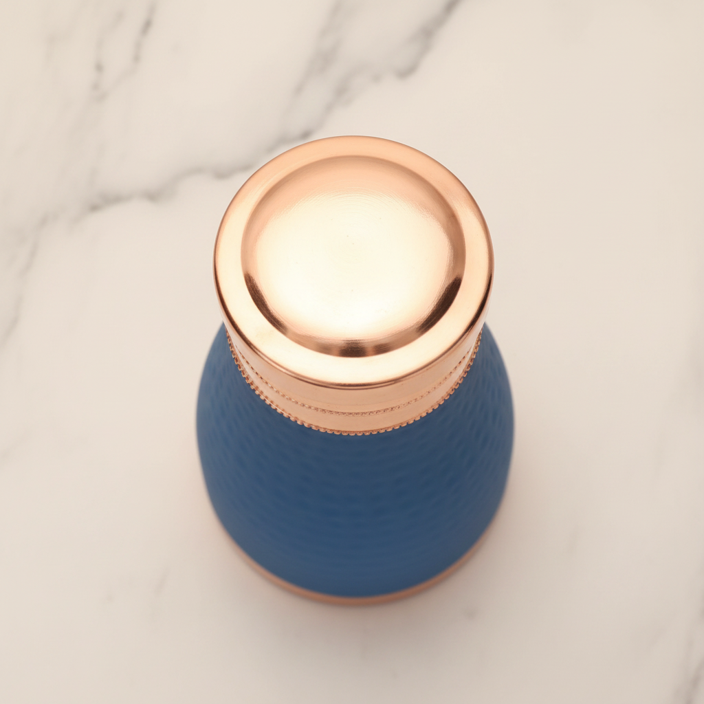 Pure Copper Silk Blue Bedside Jar with Inbuilt Glass | 1000ml | Ayurvedic | Designed in Norway