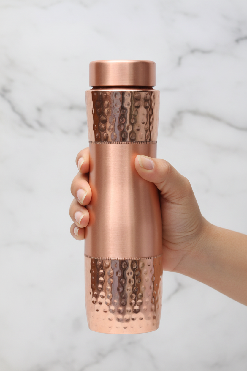 Pure Copper Water Bottle – Curved Dual-Texture Design 1000ml | Ayurvedic Tamra Jal