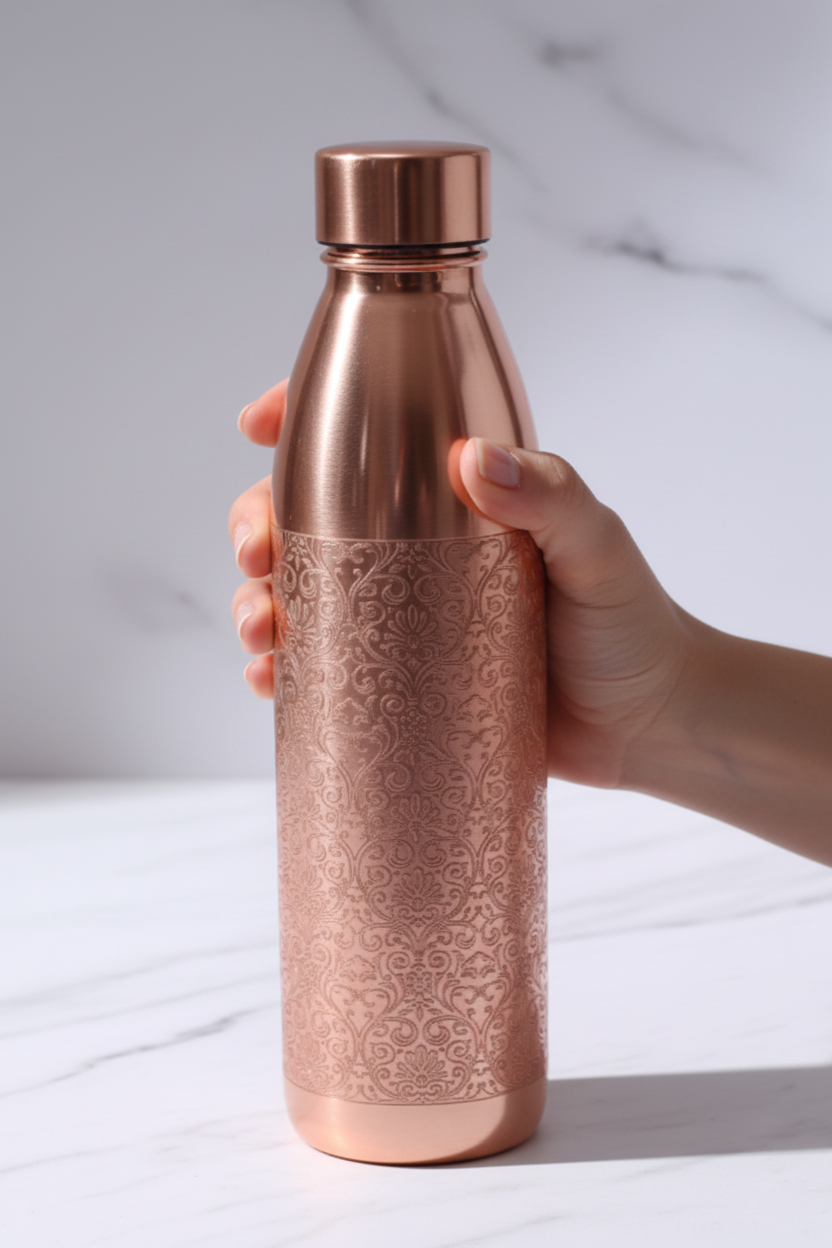 Pure Copper Water Bottle – Floral Engraved Design 1000ml | Ayurvedic Tamra Jal