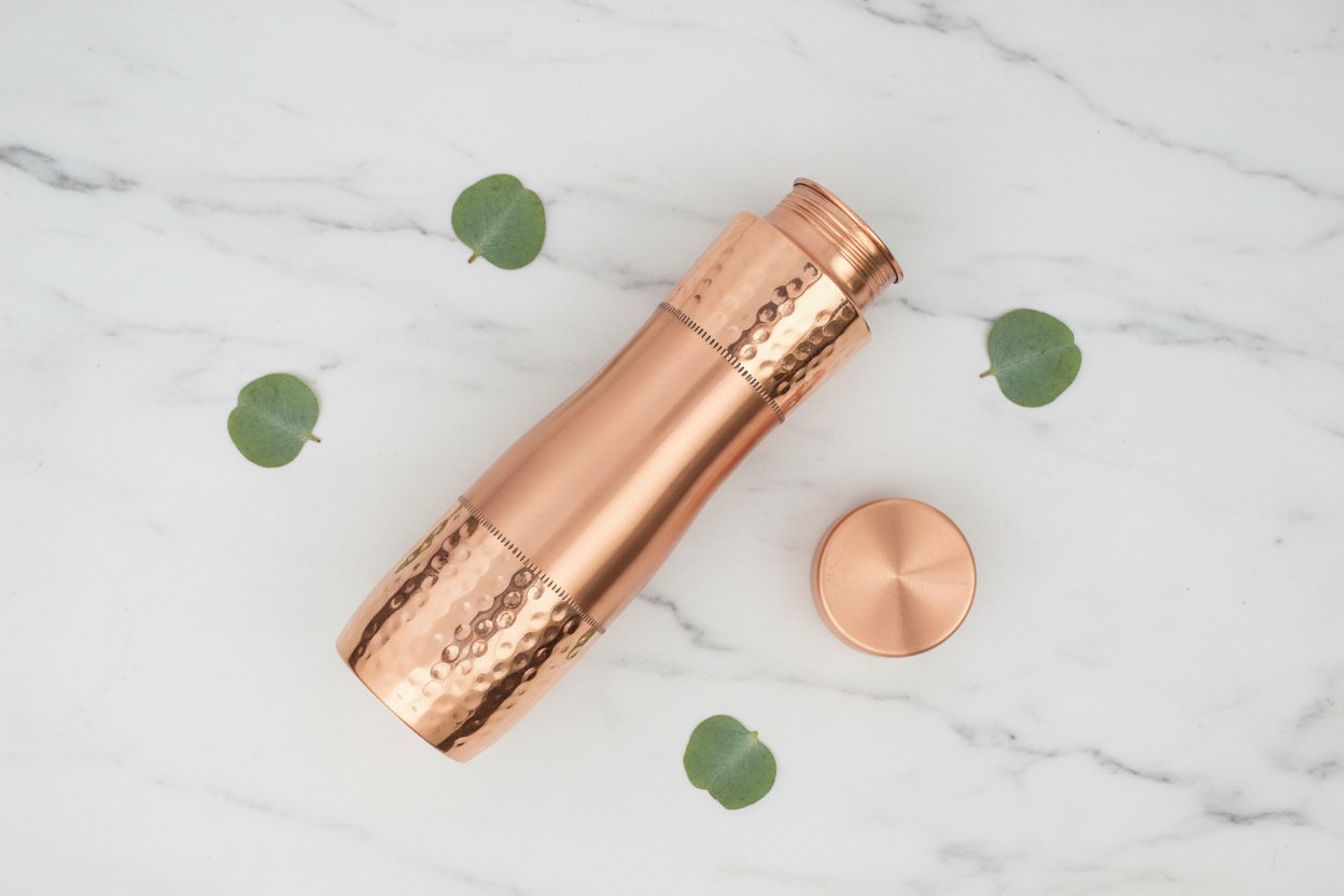 Pure Copper Water Bottle – Curved Dual-Texture Design 1000ml | Ayurvedic Tamra Jal