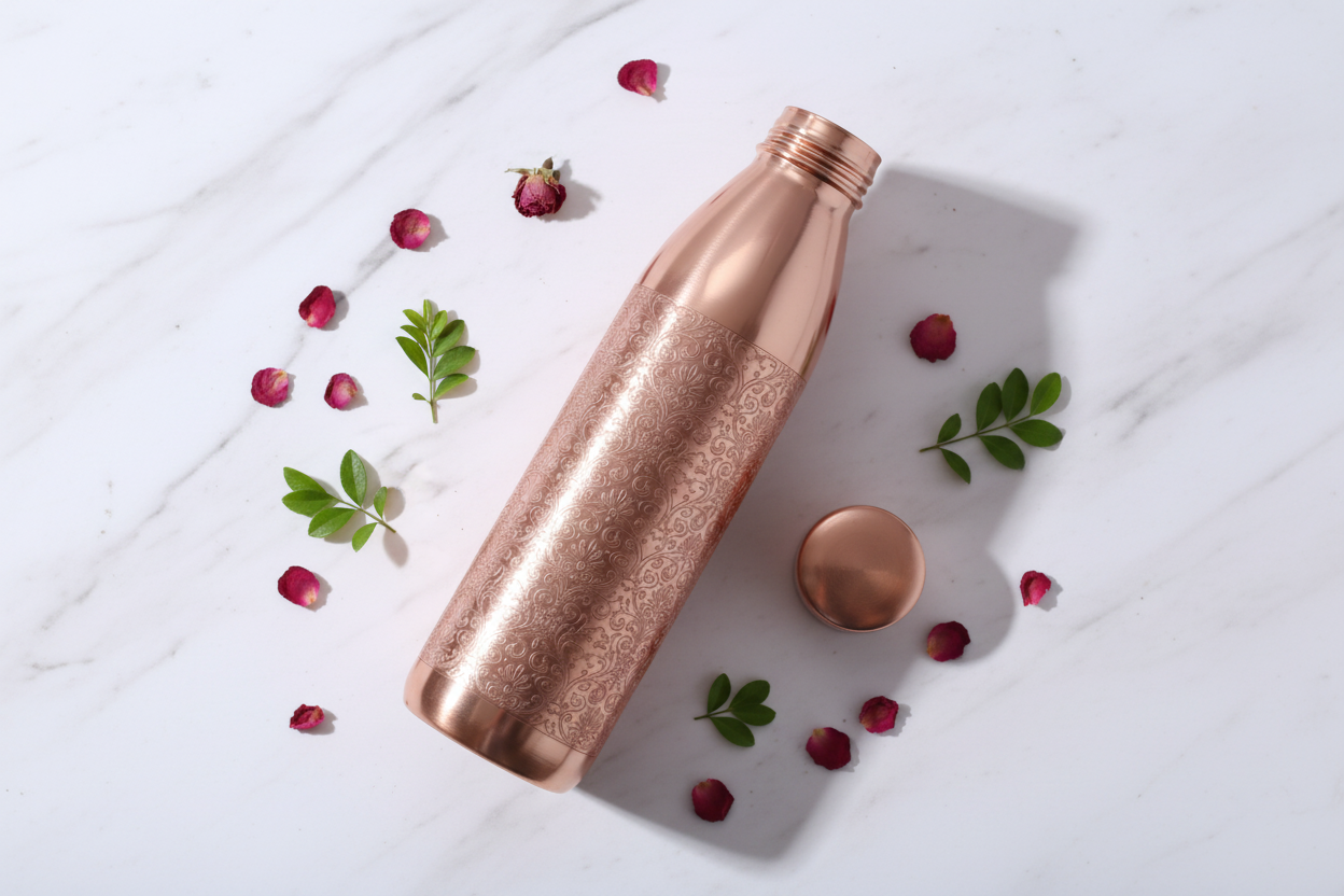 Pure Copper Water Bottle – Floral Engraved Design 1000ml | Ayurvedic Tamra Jal