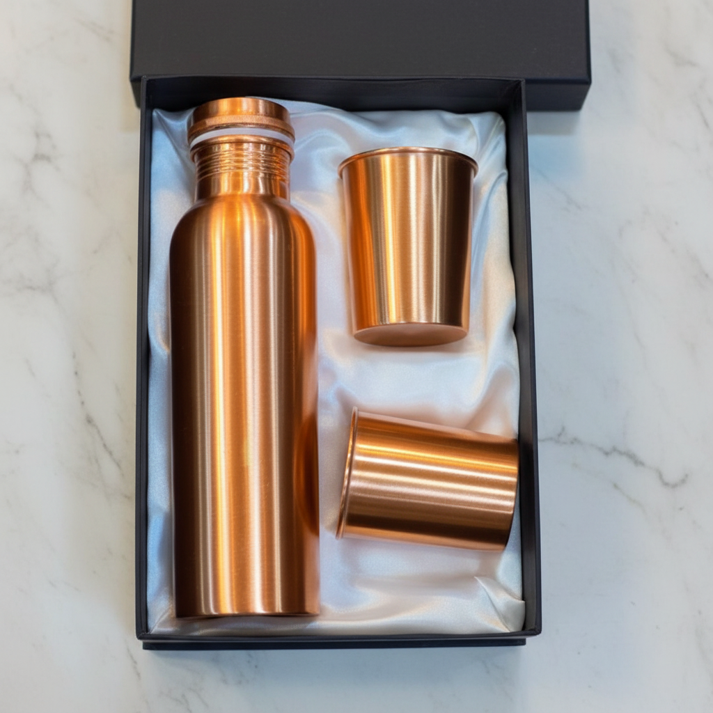 Pure Copper Gift Set – Smooth Bottle & 2 Glasses | Ayurvedic Tamra Jal