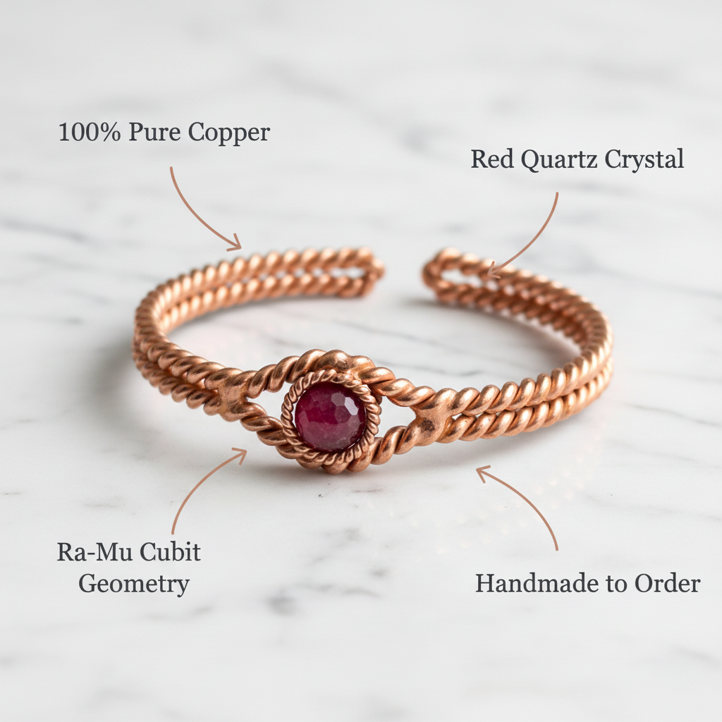 Copper Tensor Bracelet – Red Quartz Crystal & Ra-Mu Cubit Energy Generator