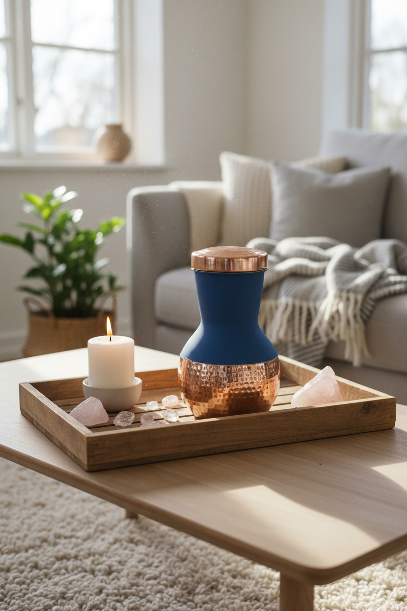 Pure Copper Silk Blue Matka Pot with Inbuilt Glass | 1200ml | Ayurvedic | Designed in Norway