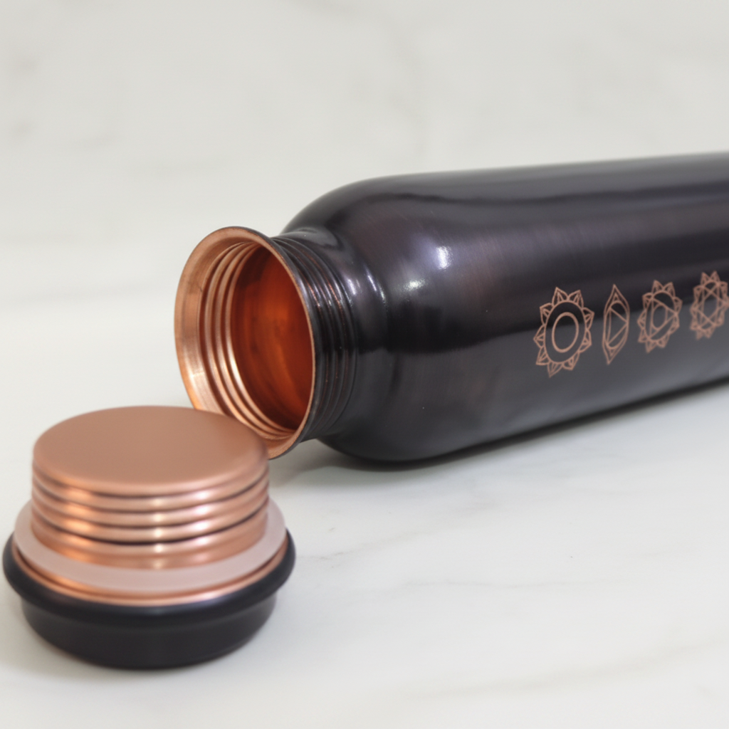 Pure Copper Matte Black 7-Chakra Water Bottle 1L | Ayurvedic Tamra Jal