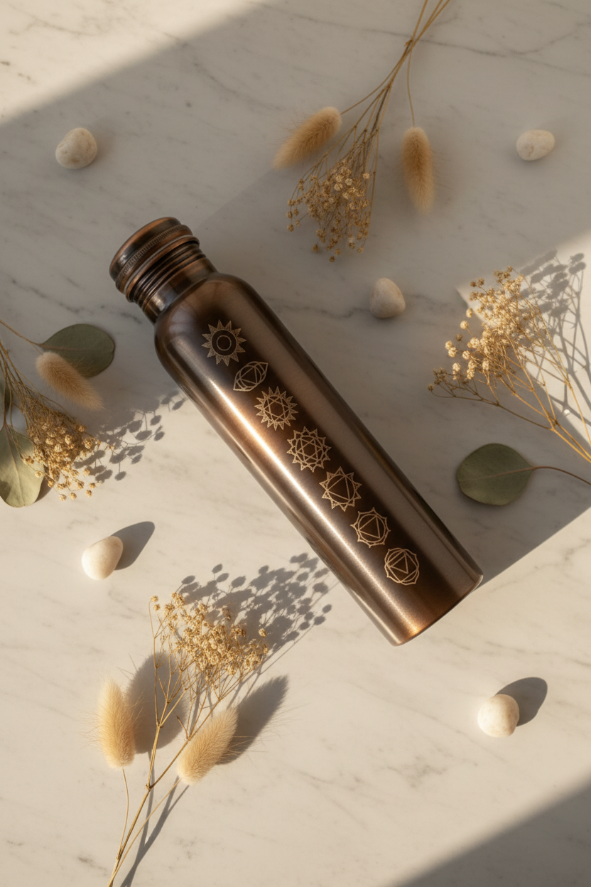 Copper Water Bottle 34OZ / 1L | 7 Chakra Handcrafted | Dark Antique Black