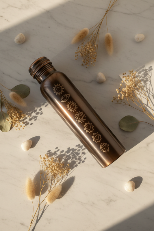 Copper Water Bottle | 7 Chakra Handcrafted | Dark Antique Black | 34OZ / 1L