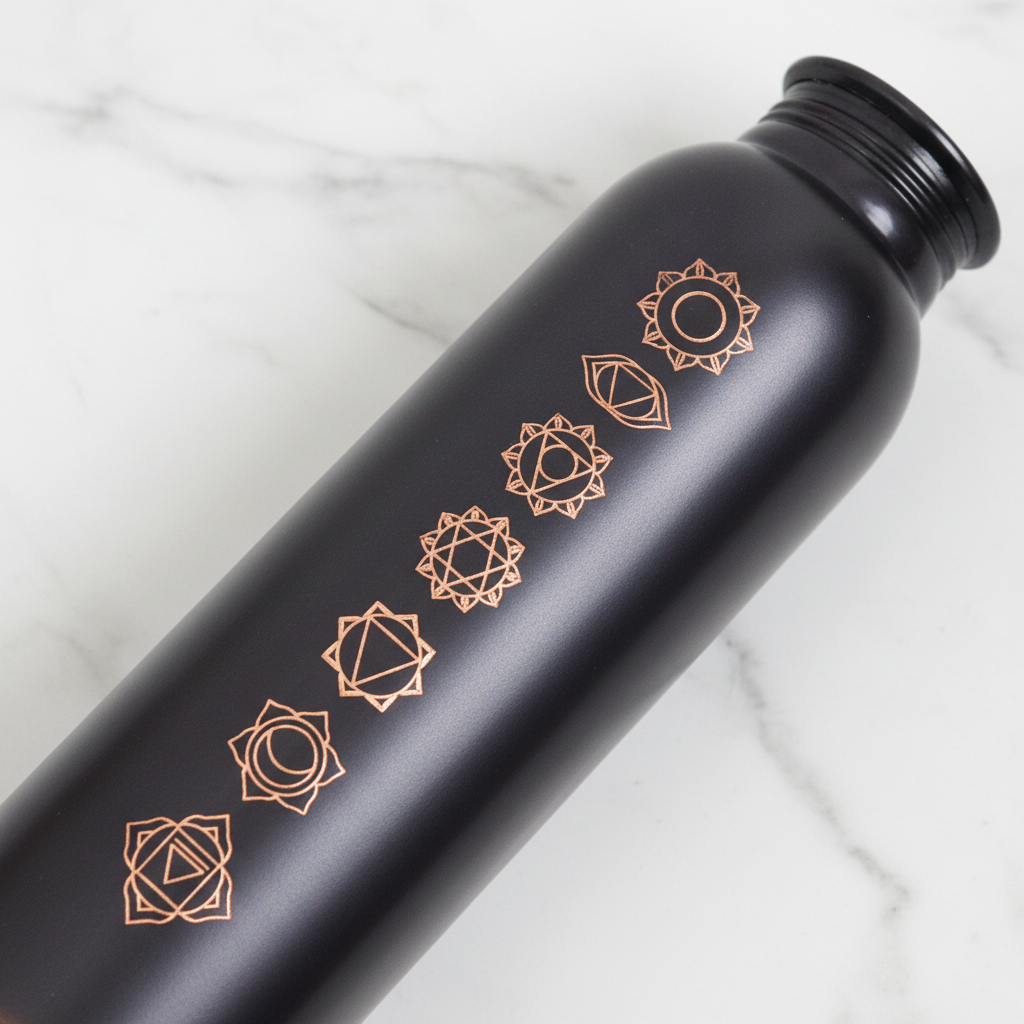 Pure Copper Matte Black 7-Chakra Water Bottle 1L | Ayurvedic Tamra Jal