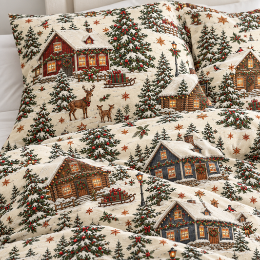 Christmas Cabin Village 100% Cotton Duvet Cover Set with 2 Shams