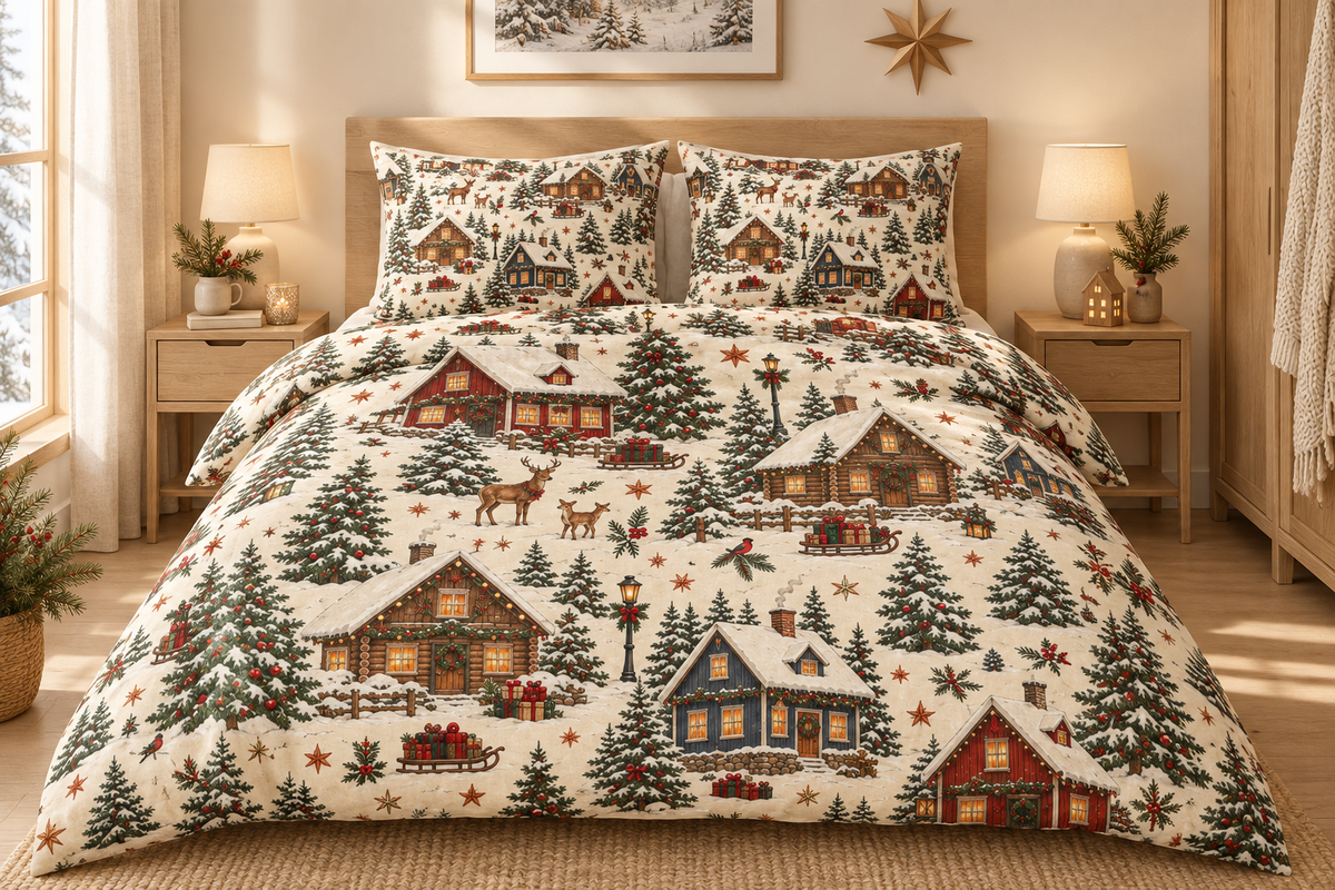 Christmas Cabin Village 100% Cotton Duvet Cover Set with 2 Shams
