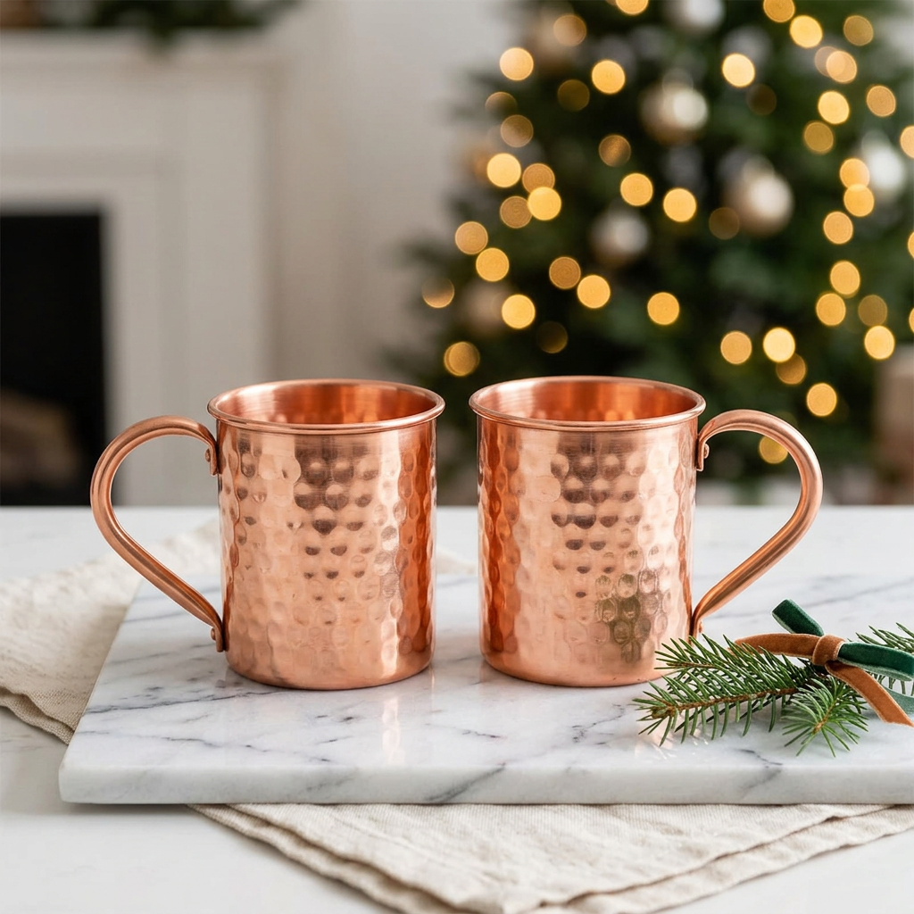 Hammered Copper Drinking Cups with Handles | Set of 2 | 400 ml