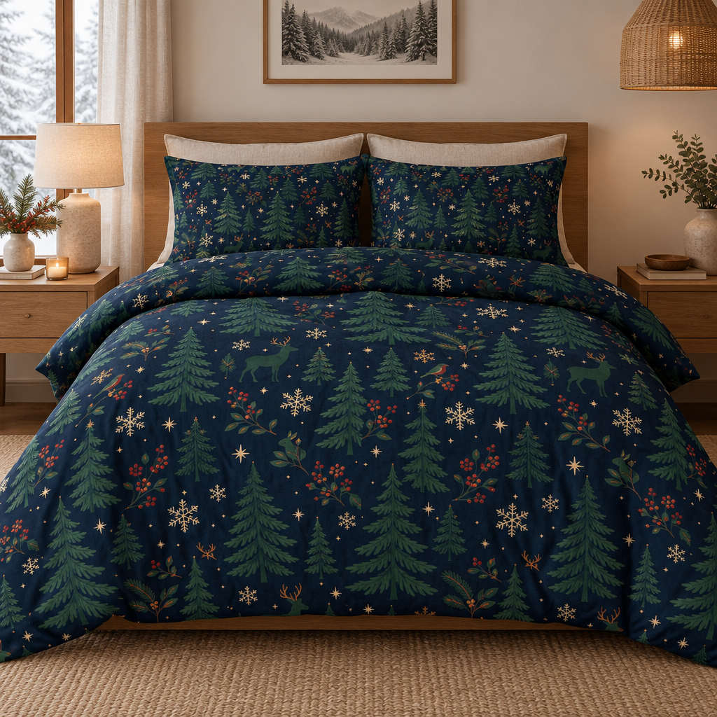 Christmas Pine Forest 100% Cotton Duvet Cover Set with 2 Shams