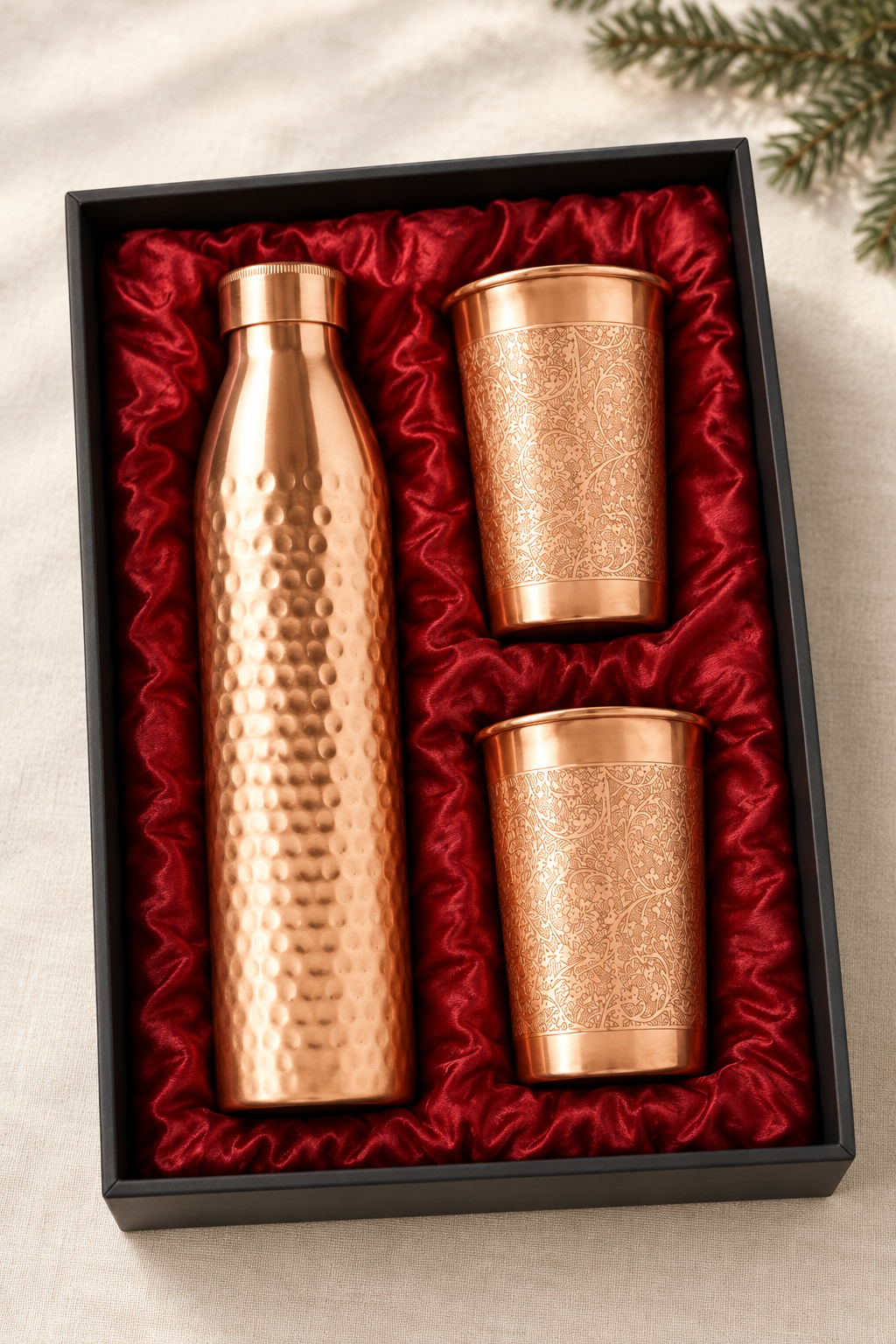 Nordic Christmas Copper Gift Set | Hammered Bottle & 2 Floral Tumblers