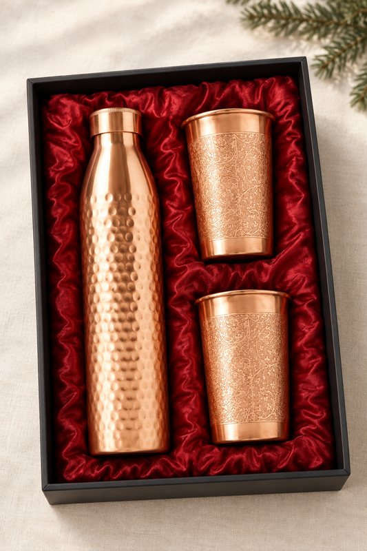Nordic Christmas Copper Gift Set | Hammered Bottle & 2 Floral Tumblers