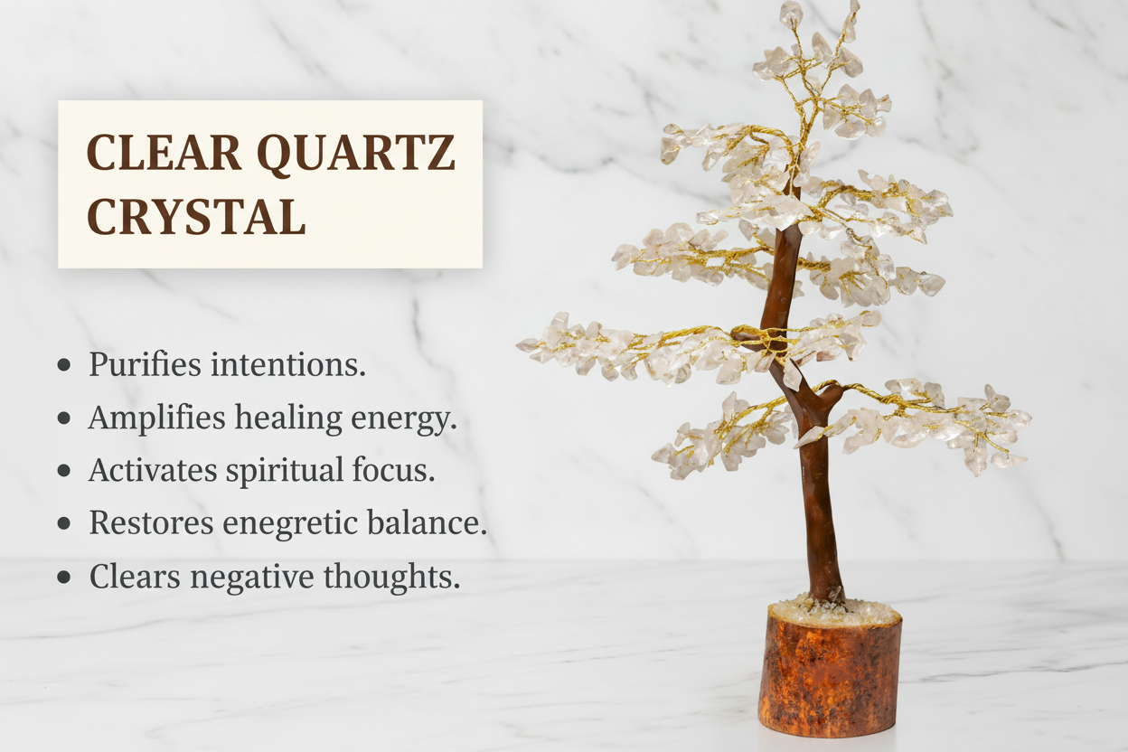 Wooden Crystal Quartz Tree — Clarity, Healing & Pure Energy