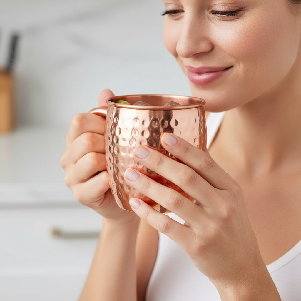 Close-up of woman's hands holding copper mug near her smiling face