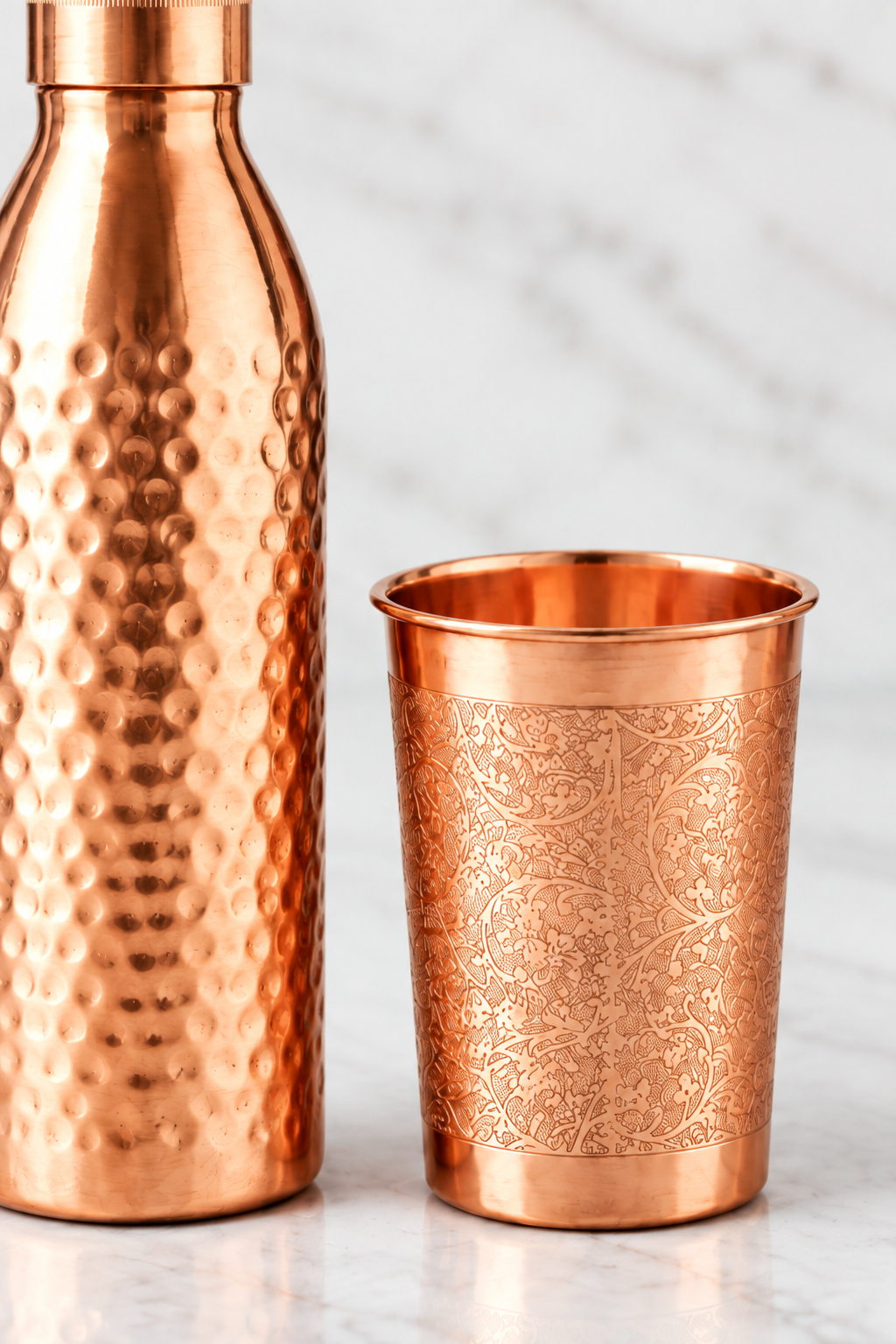 Nordic Christmas Copper Gift Set | Hammered Bottle & 2 Floral Tumblers