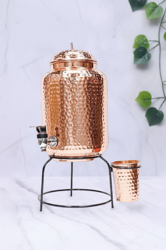 Pure Copper Hammered Water Dispenser (Matka) Combo – 5L with Stand & Glass