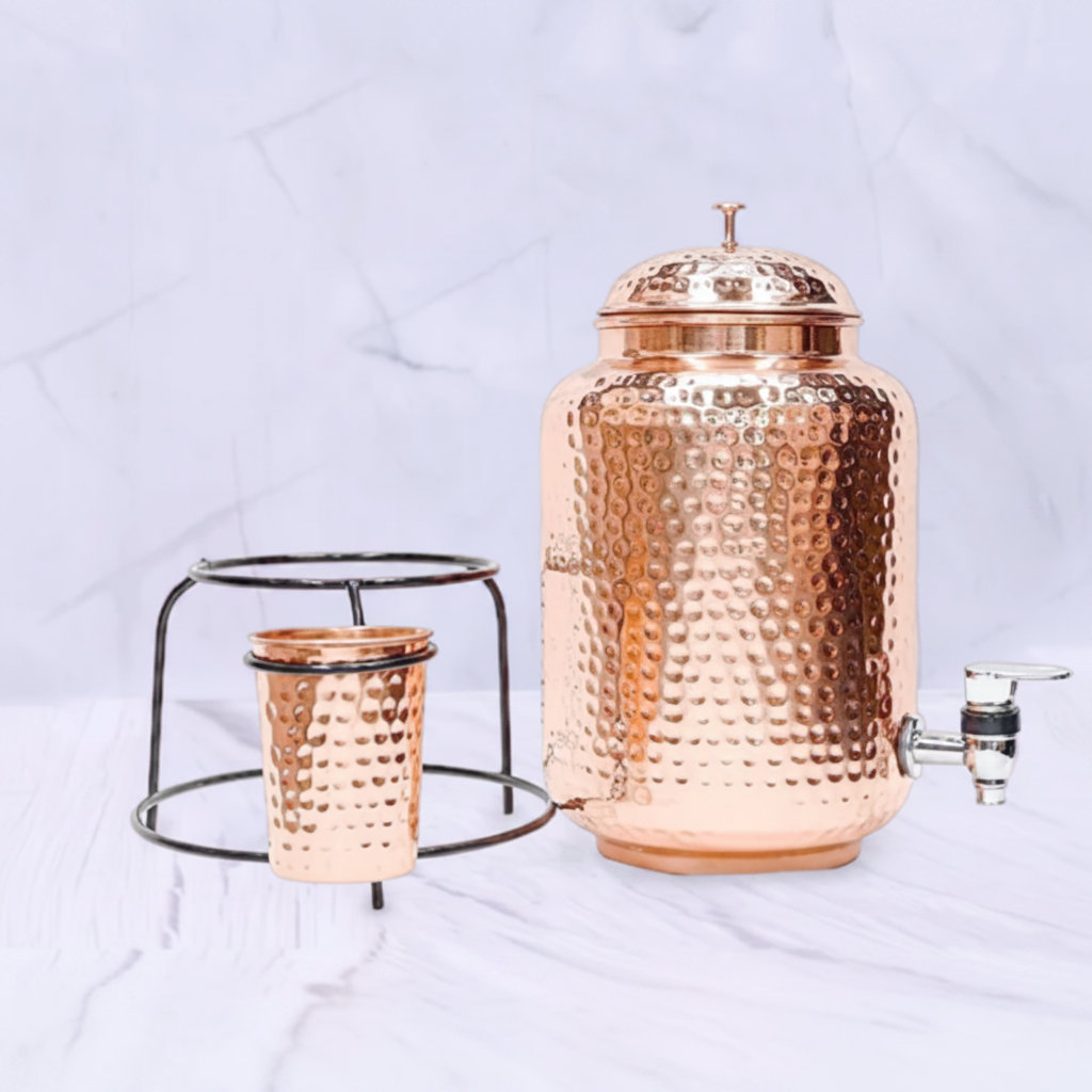 Pure Copper Hammered Water Dispenser (Matka) Combo – 5L with Stand & Glass