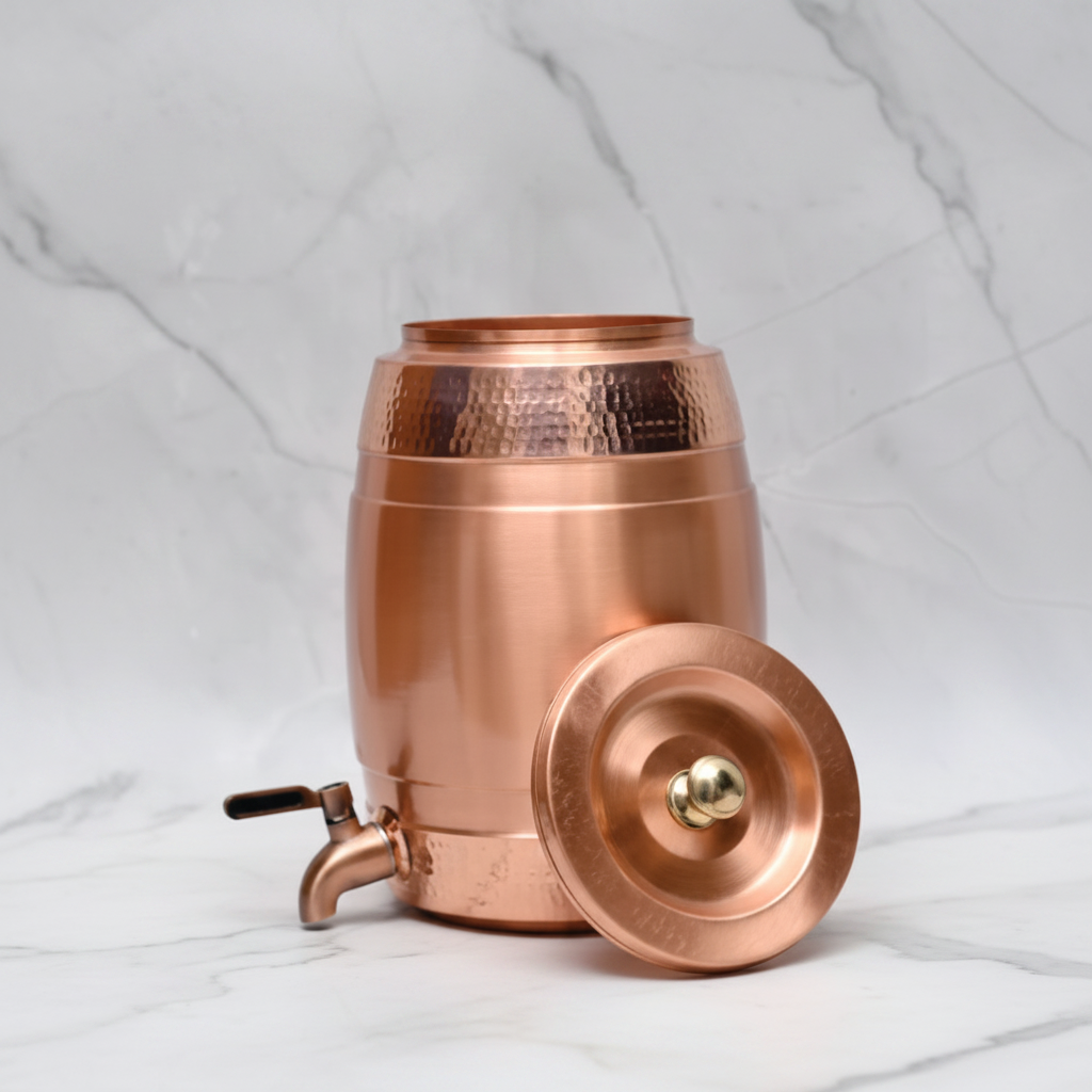 Pure Copper Water Dispenser – Barrel Top Hammered Design | 8L | Ayurvedic Tamra Jal
