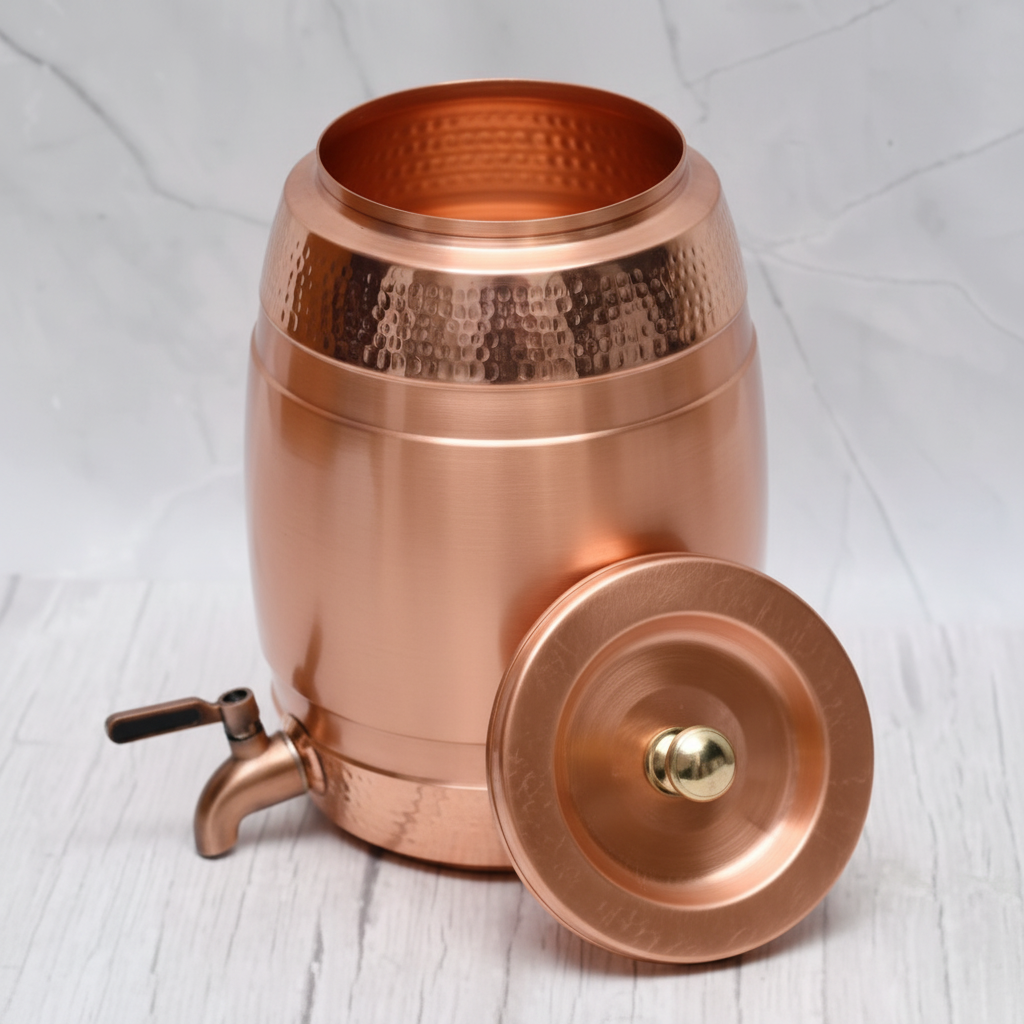 Pure Copper Water Dispenser – Barrel Top Hammered Design | 8L | Ayurvedic Tamra Jal