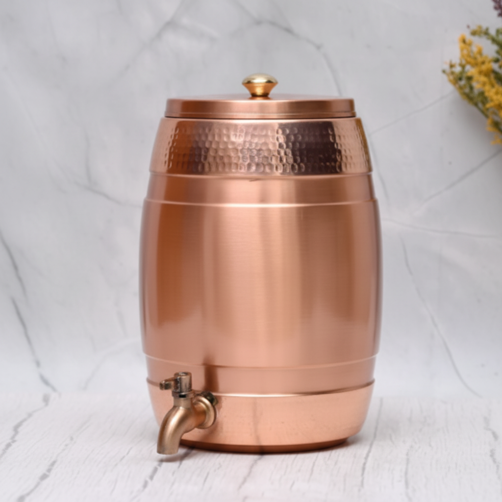 Pure Copper Water Dispenser – Barrel Top Hammered Design | 8L | Ayurvedic Tamra Jal