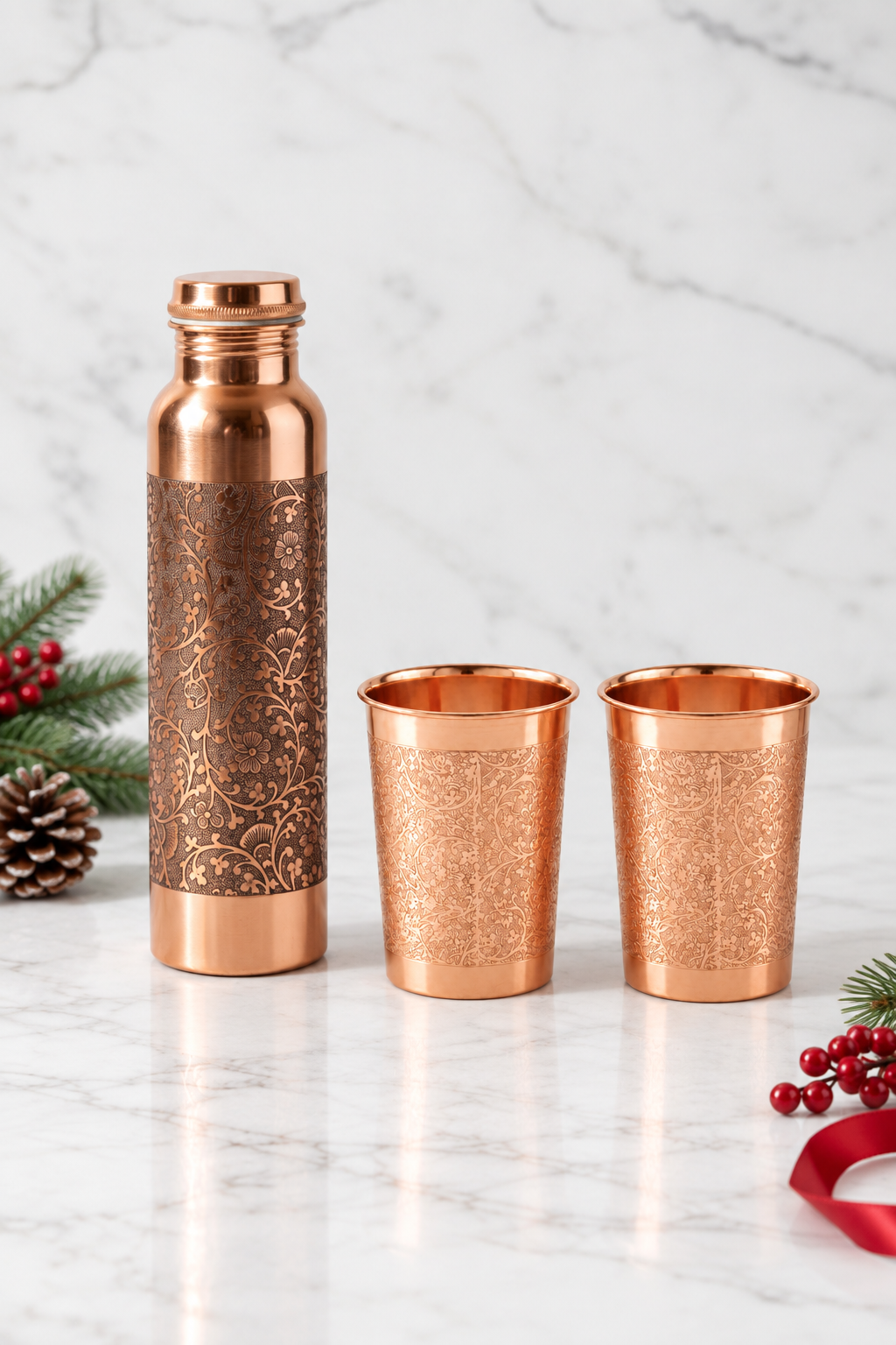 Copper Christmas Gift Set | Etched Bottle & Two Engraved Tumblers