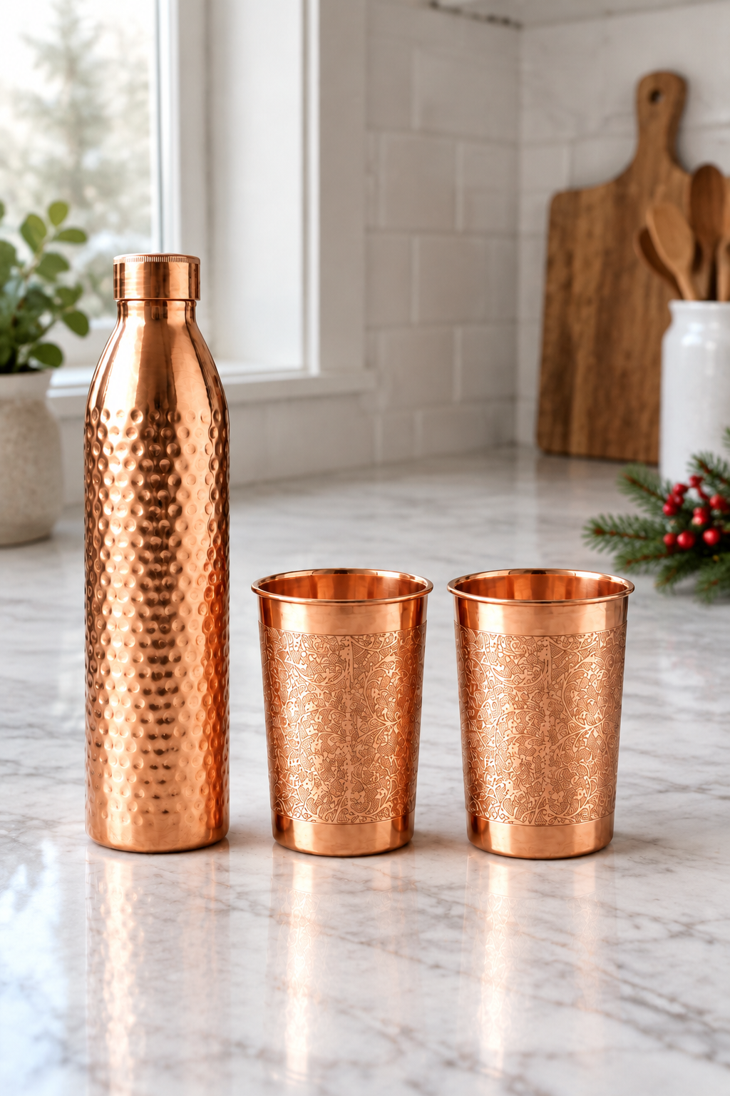 Nordic Christmas Copper Gift Set | Hammered Bottle & 2 Floral Tumblers