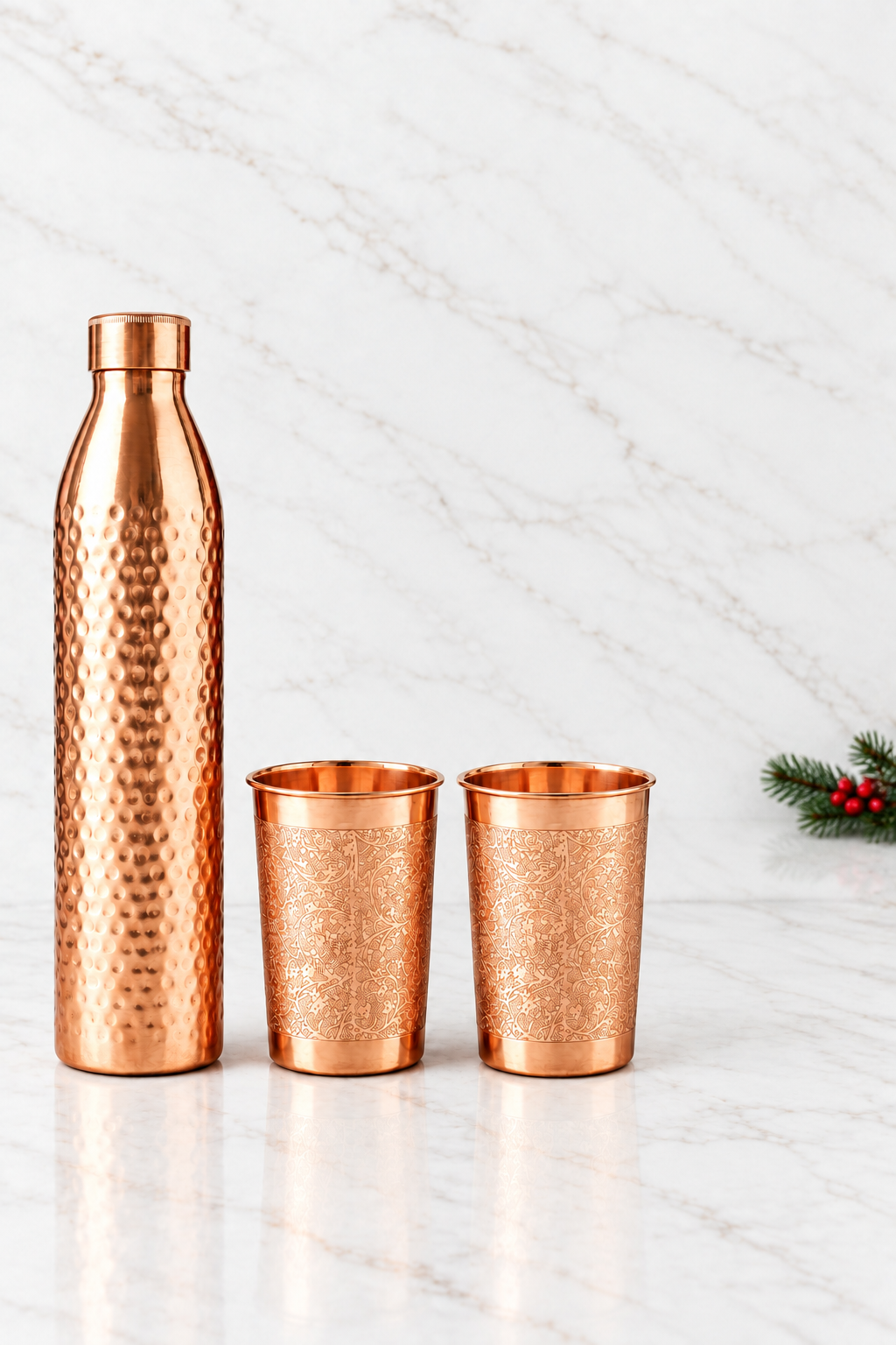 Nordic Christmas Copper Gift Set | Hammered Bottle & 2 Floral Tumblers